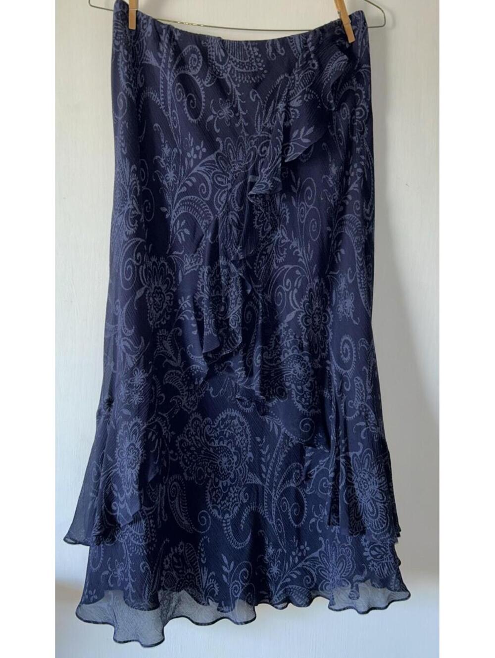 Lauren Ralph Lauren Skirt 100% silk Maxi Ruffle Blue Floral Boho size XL